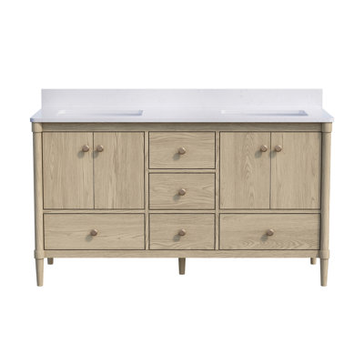 Meuble-lavabo en bois massif l 60 po x H 34 po avec comptoir en quartz blanc Carrera et lavabo double