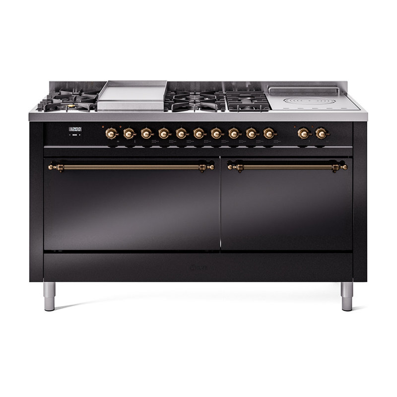 ILVE Nostalgie II 60 in Dual Fuel Range, 7 Burner, Griddle, Frenchtop, Natural Gas, Glossy Black/Burnished