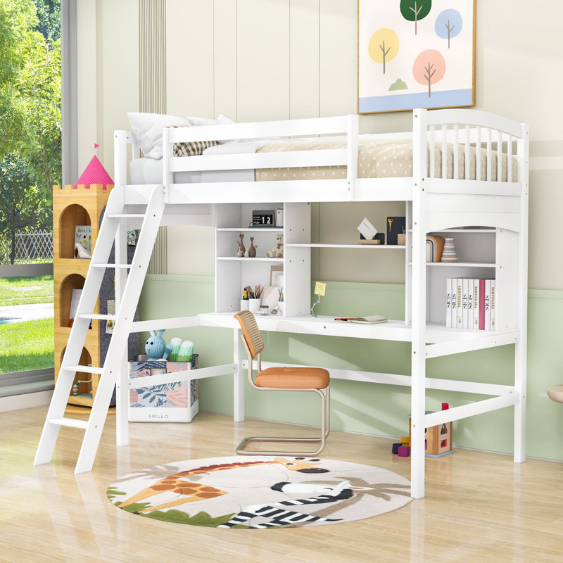 Lit mezzanine simple peu encombrant avec bureau et tablettes, Gris