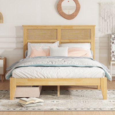 King Size Bed With Rattan Headboard, Two Storage Drawers, Rubber Wood Bed With Enhanced Support Salts And Feet