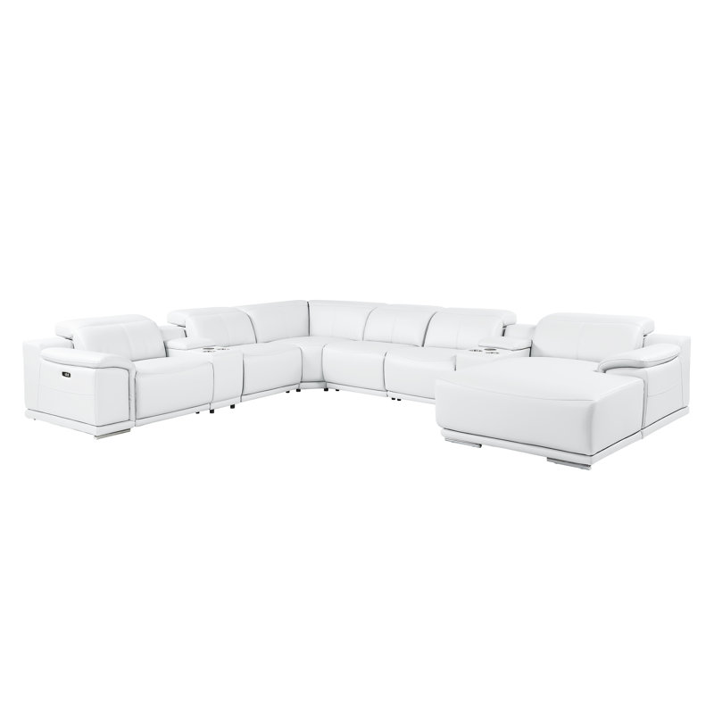 Canapé modulaire blanc en L en cuir véritable de 8 pièces faisant face à la droite avec 3 fauteuils inclinables électriques et appuis-tête réglables