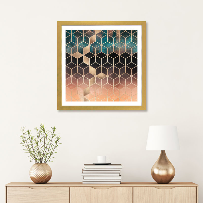 «Ombre Dream Cubes» par Elisabeth Fredriksson - impression d'art graphique, H 24 po x l 24 po x p 1 po, Papier encadré doré