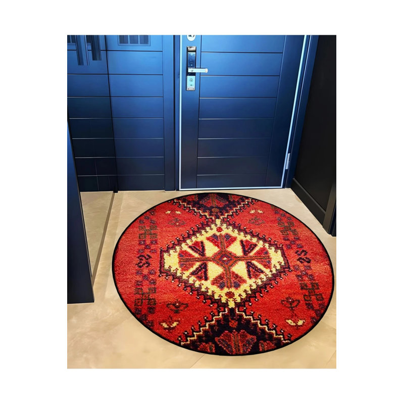 Red Theme Ethnic Motif Traditional Patterned Round Woven Base Vintage Decorative Carpet, Round 2'8"