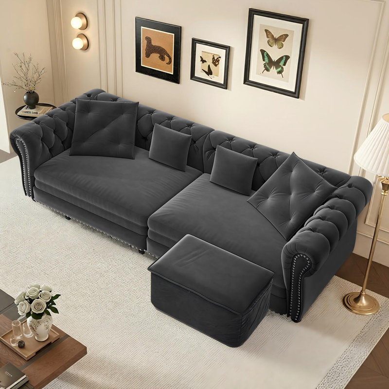 89" Pull-Out Sleeper Sofa Velvet Chesterfield Sofa Convertible Couch Bed, Gray