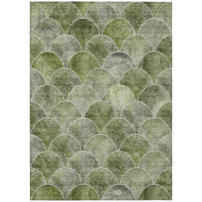 5' X 8' Green And Ivory Abstract Washable Indoor Outdoor Area Rug