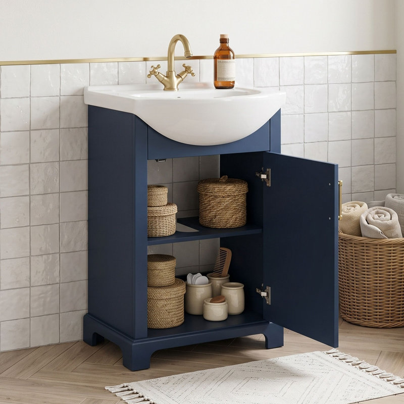 Meuble-lavabo de salle de bain avec lavabo épais en céramique et armoire peu encombrante, Blue