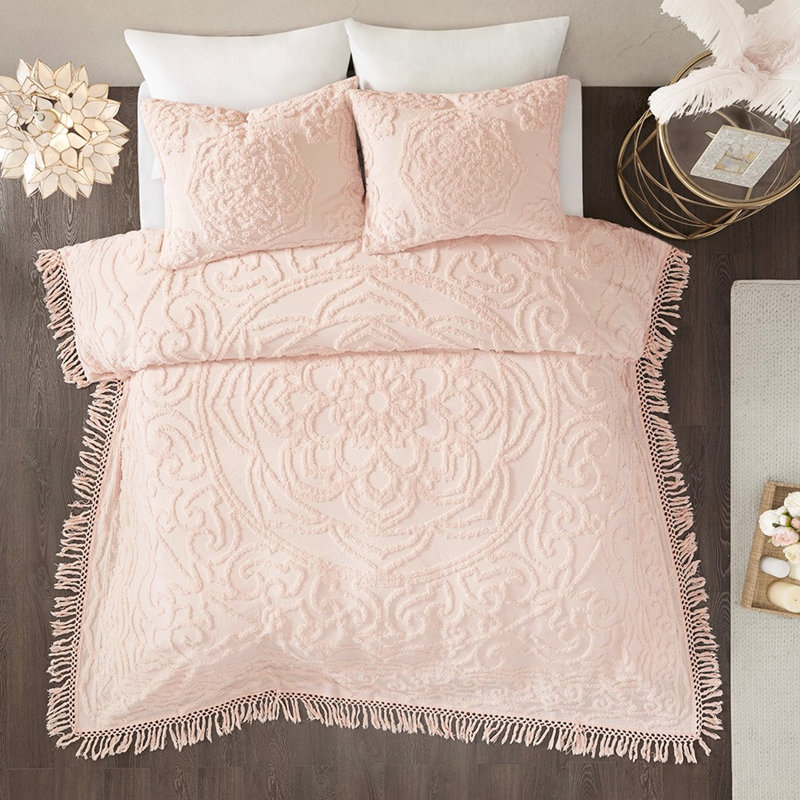Housse de courtepointe à très grande taille en coton, Édredon très grand + 2 taies décoratives, Rosé