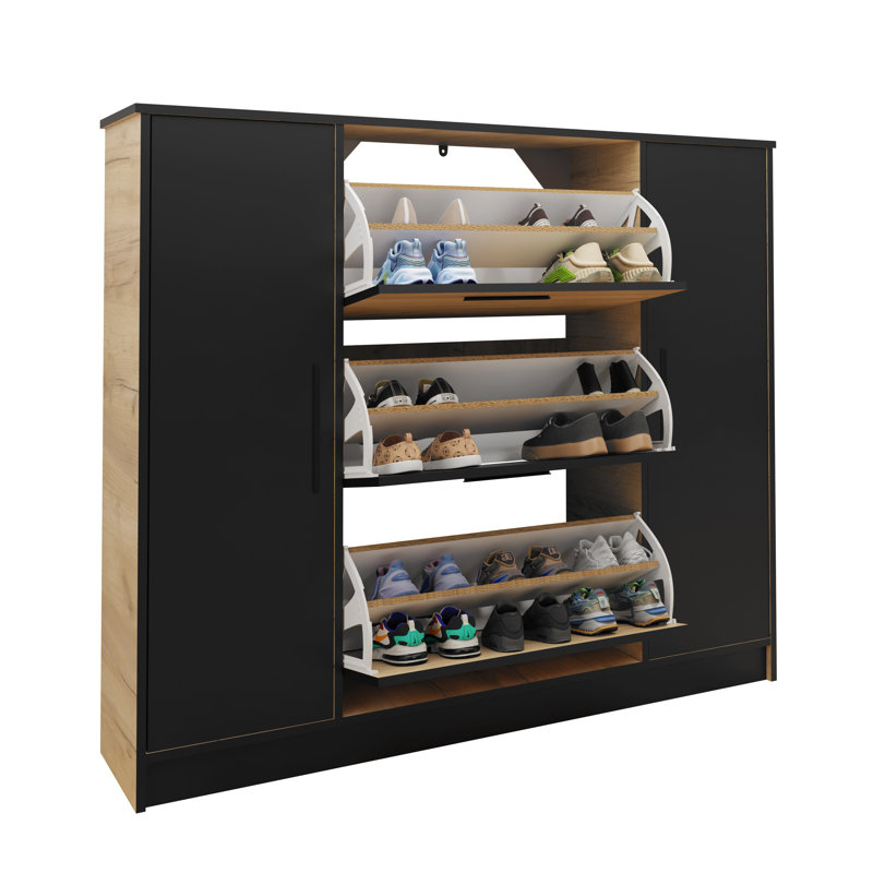 Bertolino 3 Pair Shoe Storage Cabinet, Black/Sonoma Oak
