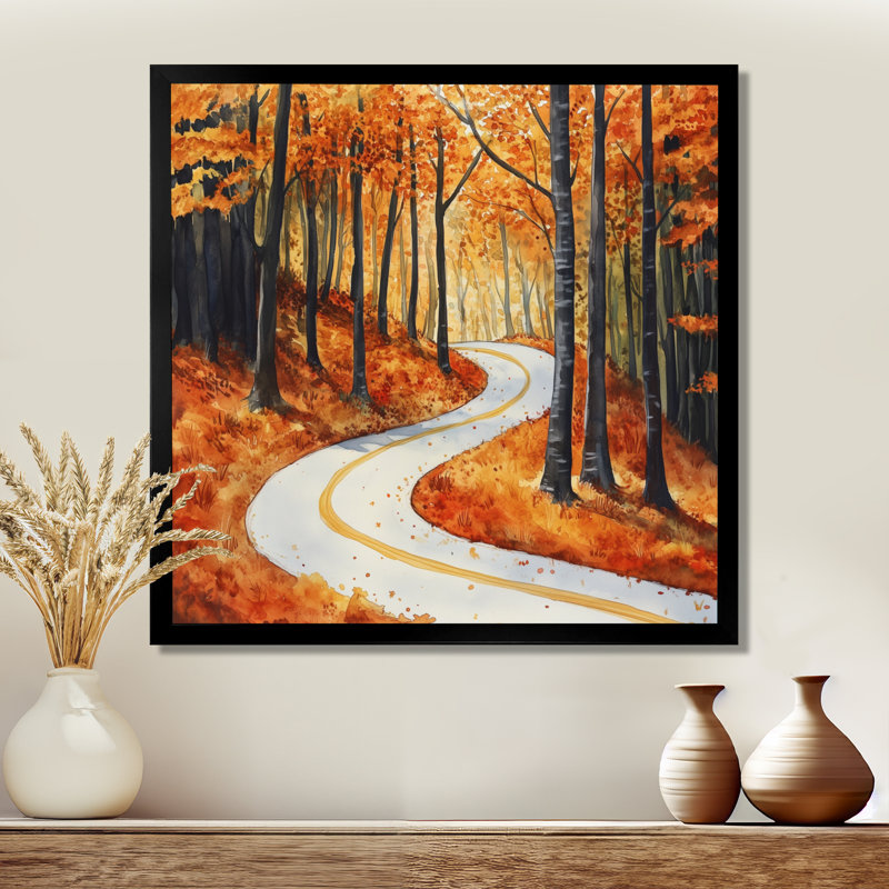 Route forestière d'automne orange et grise I - Tableau encadré, H 16 po x l 16 po, Black Picture Framed