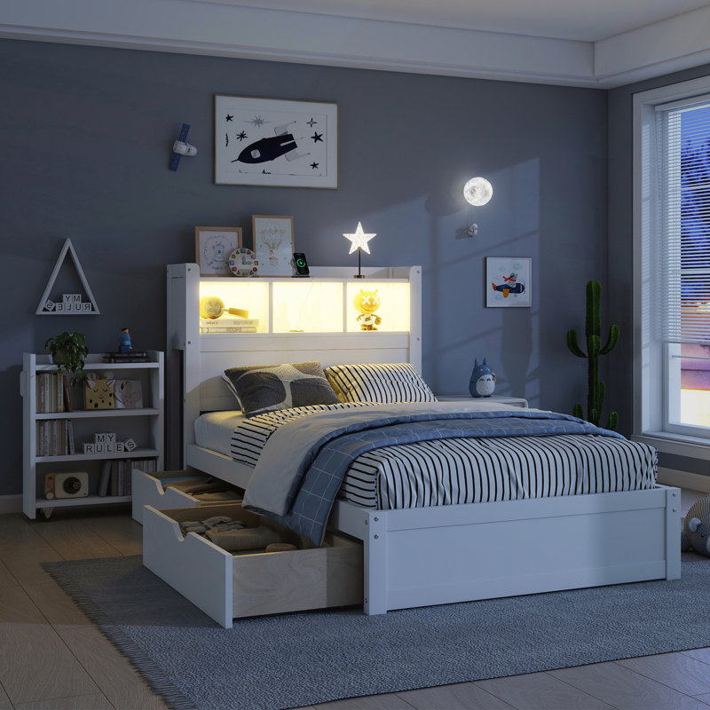 Lit simple avec tiroirs, tête de lit, lumière DEL et armoire coulissante, Lit simple, Blanc