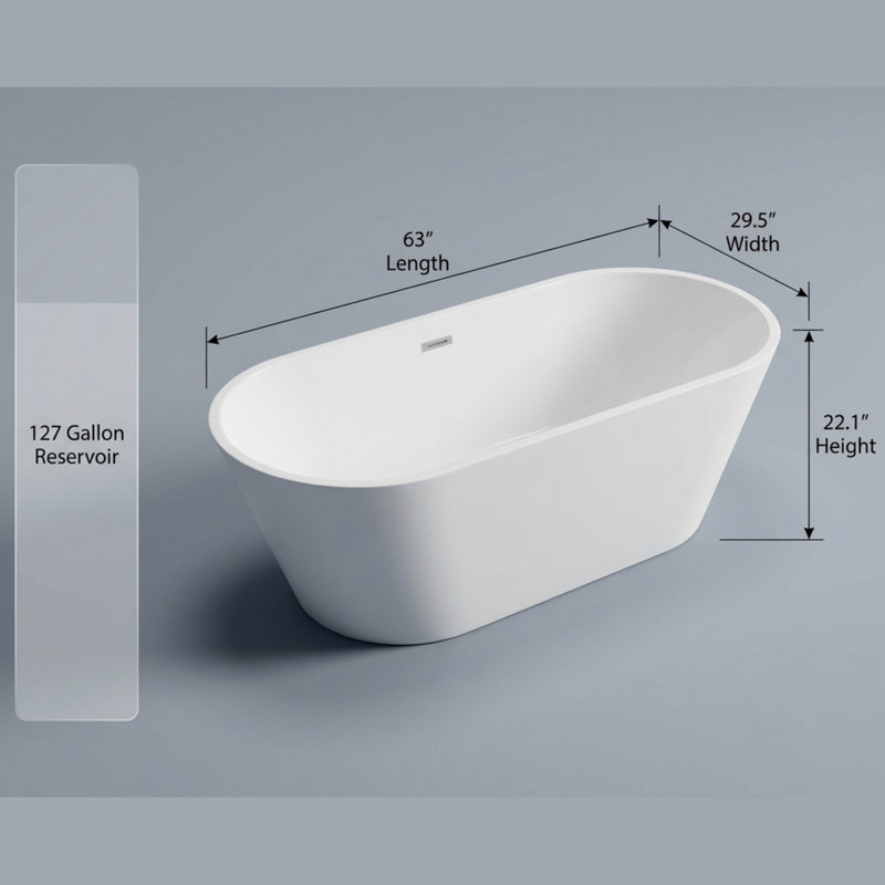 Baignoire de trempage autoportante en acrylique 63 po, finition blanc brillant, rebord roulé, trop-plein chromé et bonde escamotable, capacité de 127 gallons