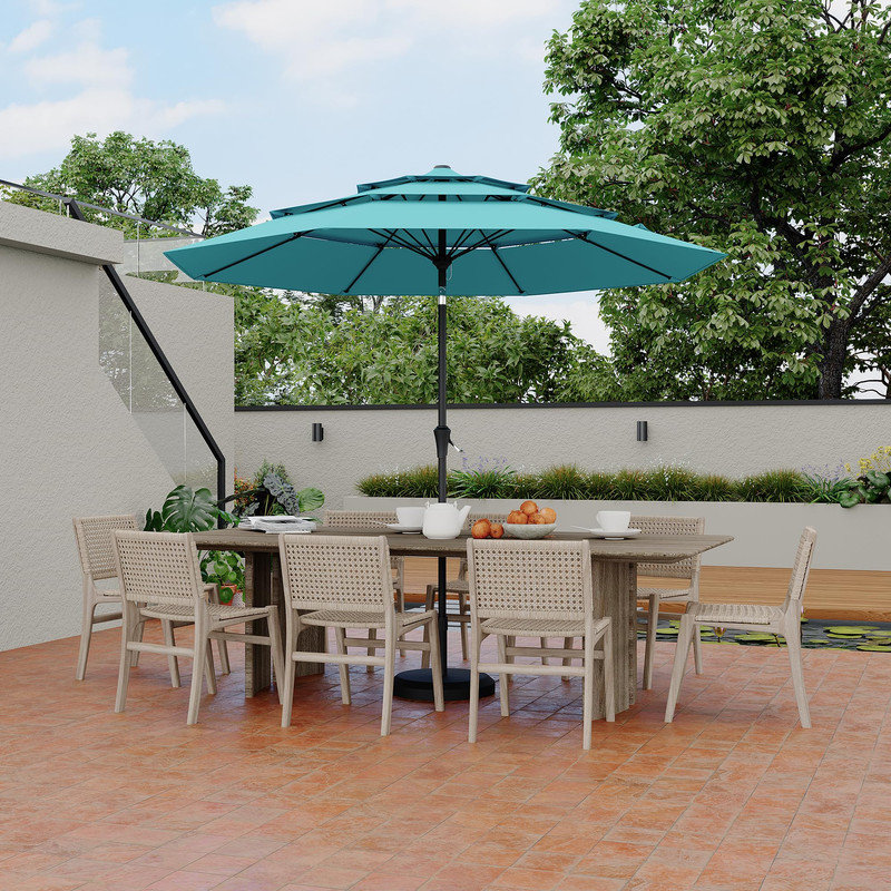 Parasol de marché extérieur à 3 niveaux 9 pi, parasol de table robuste à 3 niveaux avec 8 nervures, parasol de table de marché extérieur avec ventilation et manivelle