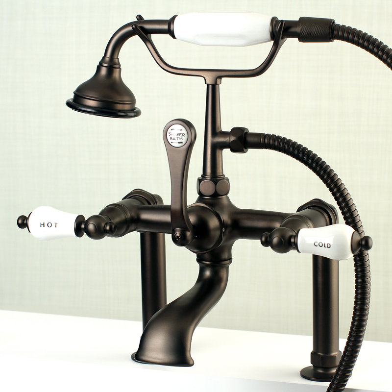 Kingston Brass Aqua Vintage Three-Handle 2-Hole Deck Mount Clawfoot Tub Faucet with Hand Shower, Oil Rubbed Bronze