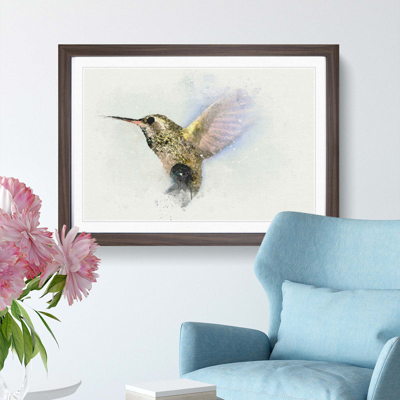 Flying Hummingbird Bird in Abstract - Picture Frame Graphic Art Print, Walnut, 35cm H x 50cm W x 2cm D