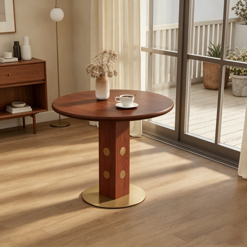 31.5" Retro Walnut Solid Wood Round Dining Table, Luxury Brass Gold Base with Wooden Legs, 2-Seater Small Space Kitchen & Negotiation Table