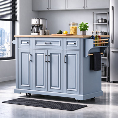 54 Inch Large Kitchen Island with Rubber Wood Drop Leaf, Embossed Texture, 4 Doors and 3 Drawers, on 4 Wheels, Grey Blue, for Kitchen and Dining Room