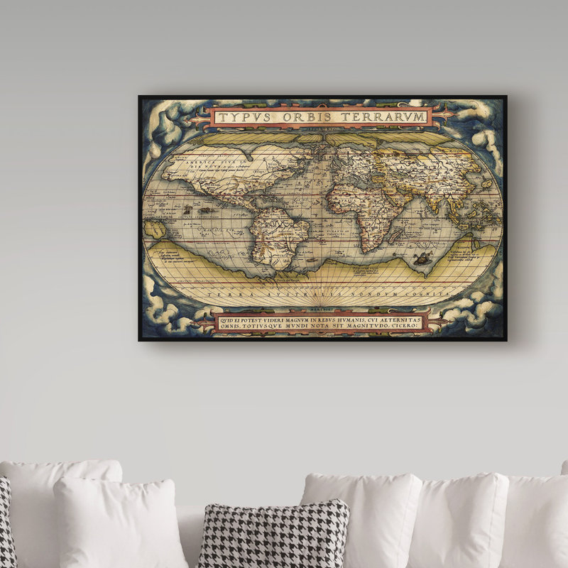 Vintage World Map 1570 Canvas Art in Dark Frame