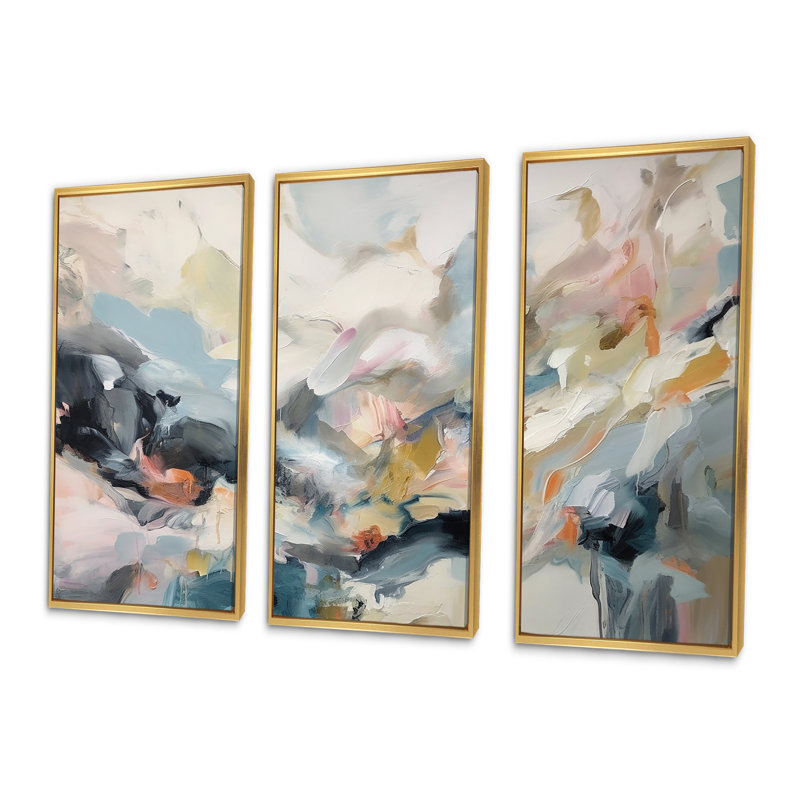 Gris et bleu, vagues vives fluides I - art mural abstrait, Cadre flottant doré, H 32 po x l 48 po x P 1 po