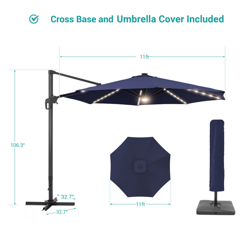 Parasol en porte-à-faux éclairé avec manivelle 132 po Agace inclus, Bleu marine