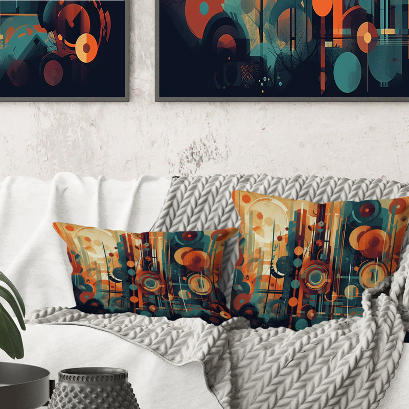Coussin décoratif orange et bleu à motif abstrait nostalgie II
