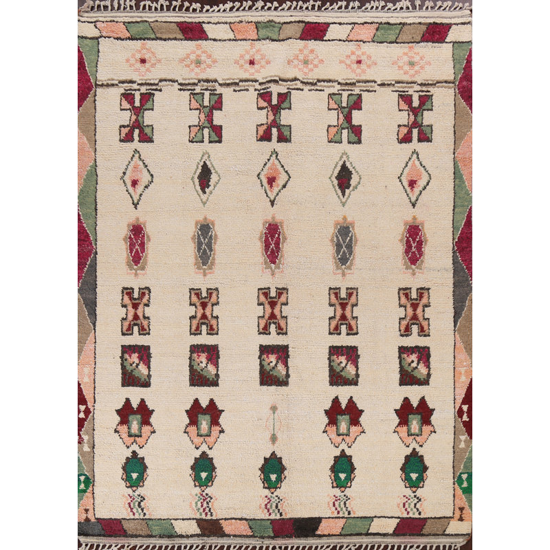 Tapis beige en laine noué à la main de conception unique 8 pi 2 po x 10 pi 9 po marocain