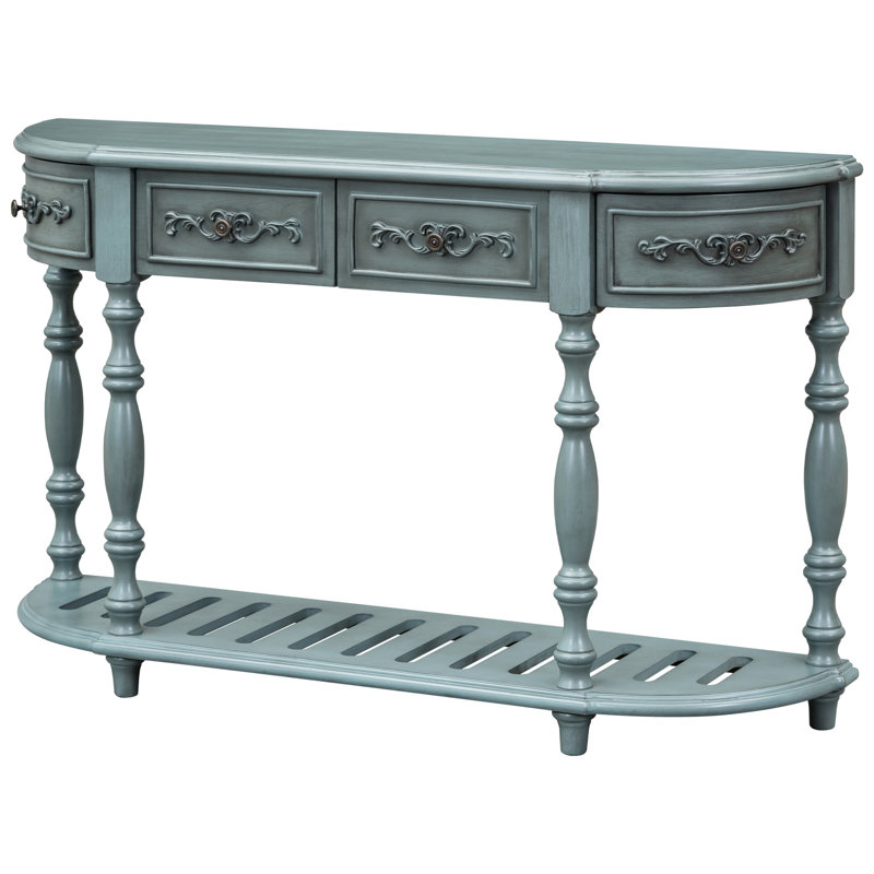 Table de salon 52 po, 4 tiroirs, 1 tablette, bleu antique et bois massif, Bleu antique