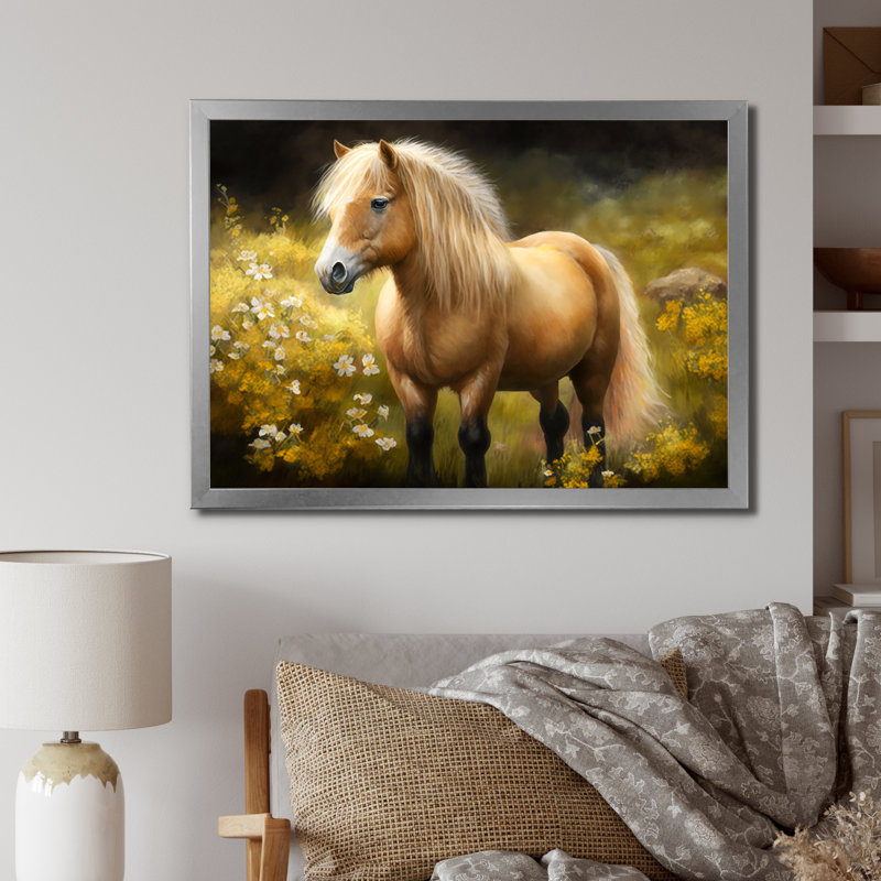 Poney doré dans un pré de fleurs - impression, H 34 po x l 44 po x P 1,5 po, Cadre simple argenté