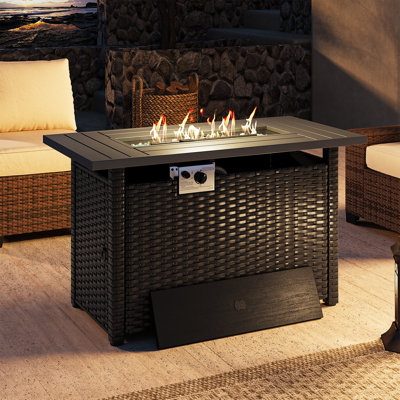 Outdoor Propane Gas Fire Pit Table,  50,000 BTU Rectangular Rattan Fire Pit with Lid, Hidden Tank Storage