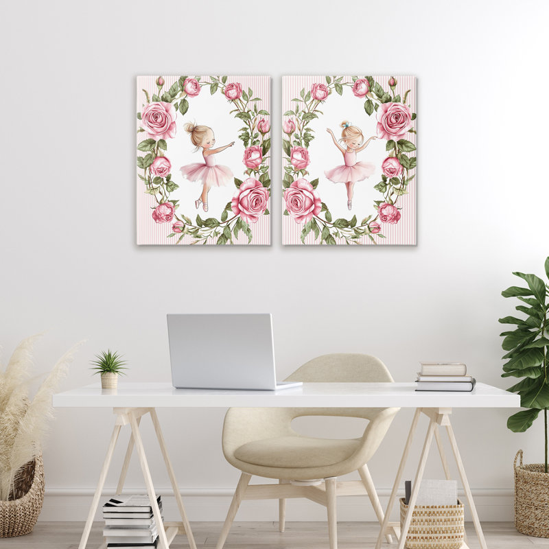 «Little Rose Dancers», ensemble de 2 pièces sur toile, design par Christine Simpson Art, H 20 po x l 16 po