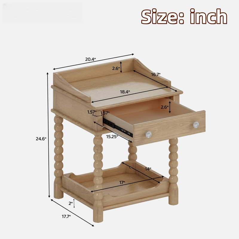 Retro Style Nightstand With 1 Drawer, An Open Shelf, Turned Legs And Metal Handles