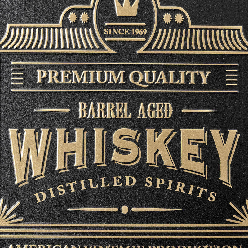 Winston Porter Barrel Aged Whiskey Embossed Black and Gold Metal Bar Sign