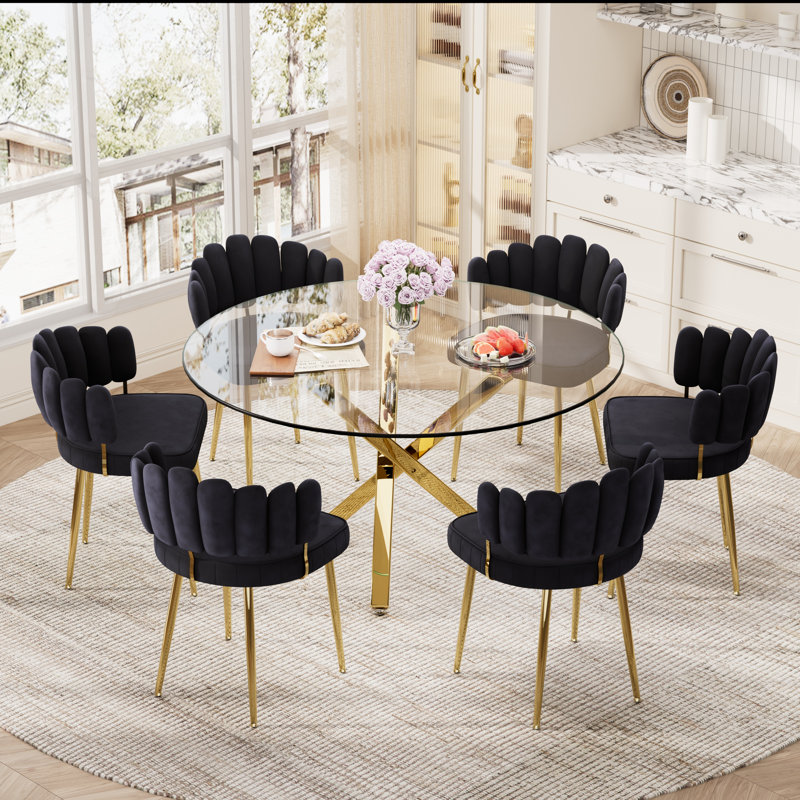 Ensemble de salle à manger rond en verre pour 4-6, H 29,95 po x L 47,2 po x l 47,2 po, 7 pièces : table, 6 chaises, Noir