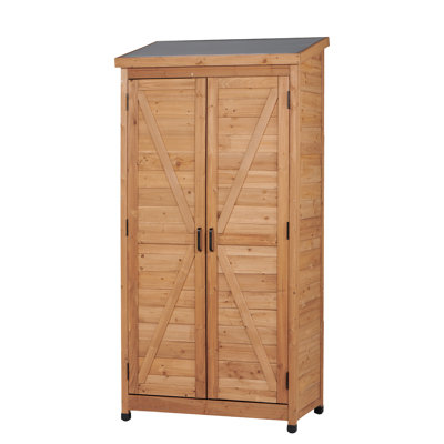 Outdoor Wooden Storage Shed with Metal Top - Tall Garden Tool Cabinet Organizer