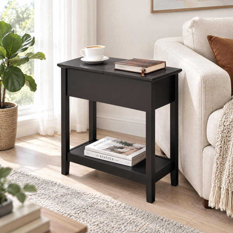 Table d'appoint étroite avec plateau rabattable, placard de rangement et tablette inférieure, table d'appoint mince pour salon, finition café foncé