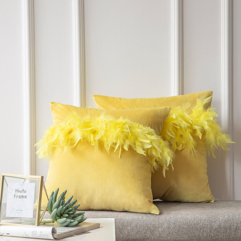 Feather Pillow Cover Pillow Cover, 18"H x 18"W, Yellow