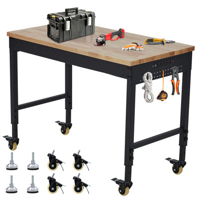 Heavy-Duty Adjustable Workbench 72" x 25" – 2000 lbs Capacity, Mobile Rubberwood Top Table with Power Outlets & Locking Wheels, Ideal for Garage, Workshop, Office – Black, U.S. Regulations