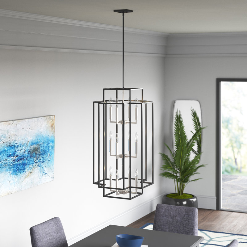 Lustre rectangulaire unique à 12 lumières Orona, Noir / Nickel brossé