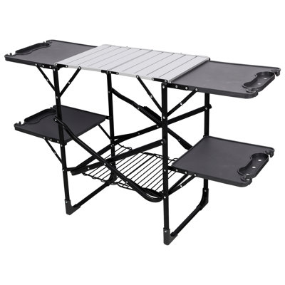 Folding Camping Kitchen Table - Portable Outdoor Cooking Station with Heat Resistant Top, 4 Side Tables, Storage Rack for Picnics & Camping Trips