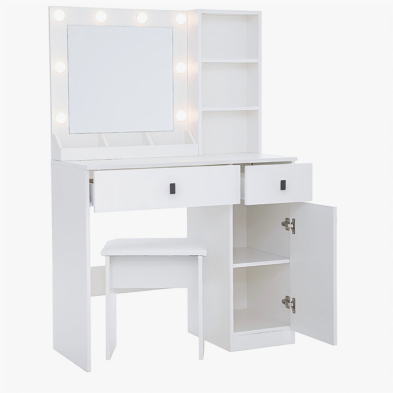 Bureau de meuble-lavabo avec lumières, ensemble de meuble-lavabo avec miroir, bureau de maquillage avec grands tiroirs et rangement à trois niveaux Dreeser, meubles-lavabos à 3 lumières réglables pour la chambre à coucher