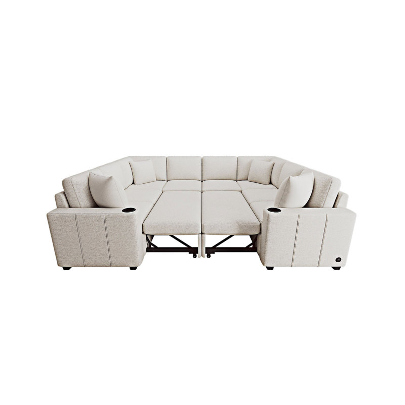 Sectional Sofa Convertible Pull-Out Sofa Bed, Beige Chenille