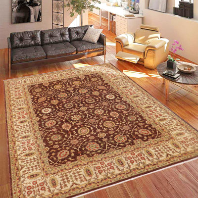 Tapis brun / beige en laine noué à la main à motif floral 9 pi 1 po x 12 pi 2 po Louise