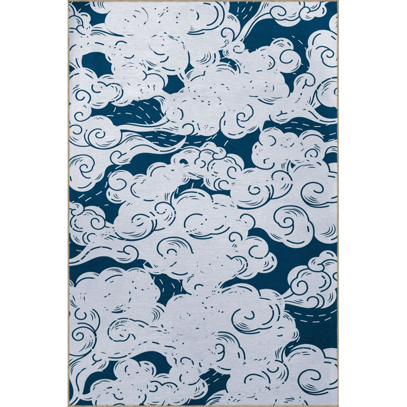 Tapis bleu lavable à motif décoratif bleu, Rectangle 3 pi 3 po x 4 pi 11 po