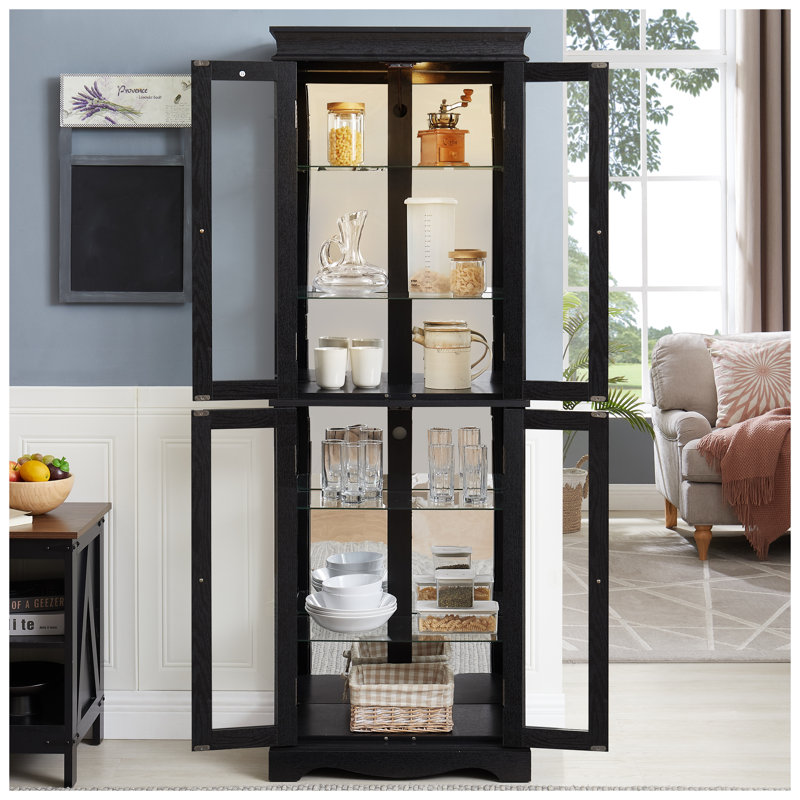 Vitrine vitrée noire avec cadre en bois, rangement à 6 niveaux pour objets de collection, vin et décoration