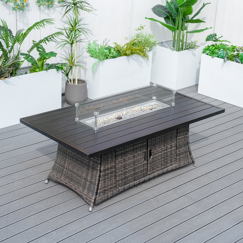 Merjen Rectangle Wicker Aluminum Outdoor Propane Fire Pit Dining Table, Brown