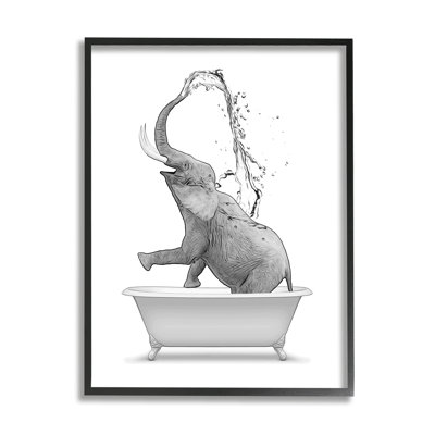 Monochrome Elephant Bathing Splashing Water Bathtub  XXL Black Framed Giclee Texturized Art by Annalisa Latella