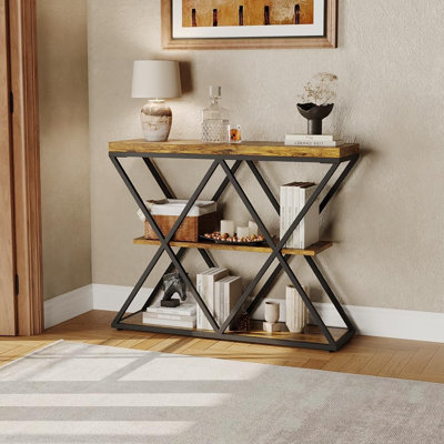 GarveeHome Industrial 3-Tier Entryway Console Table with Storage Shelves - X-Shaped Metal Frame - Narrow Sofa Table for Living Room, Foyer, Hallway - Accent Table - Vintage Brown