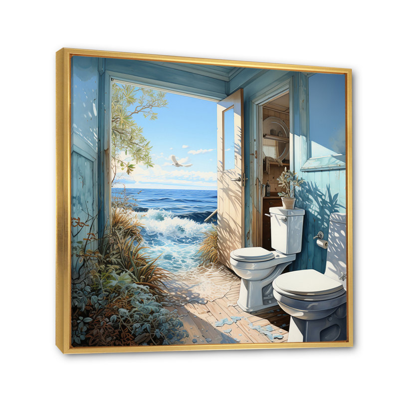 «Oceanic Escape Toilette Pointillism» - Imprimé, H 30 po x l 30 po x P 1 po, Cadre flottant doré