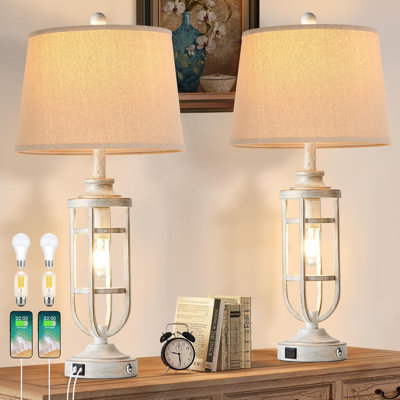 28" Table Lamps For Living Room Set Of 2, Farmhouse Bedroom Lamps For Nightstand With USB A+C, Rustic Bedside Lamps For End Tables, Bulbs Included