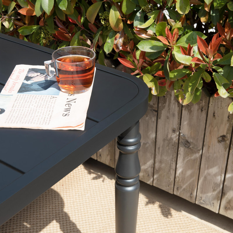 Outdoor Rectangle Powder-coated Metal Dining Table With Umbrella Hole, Black