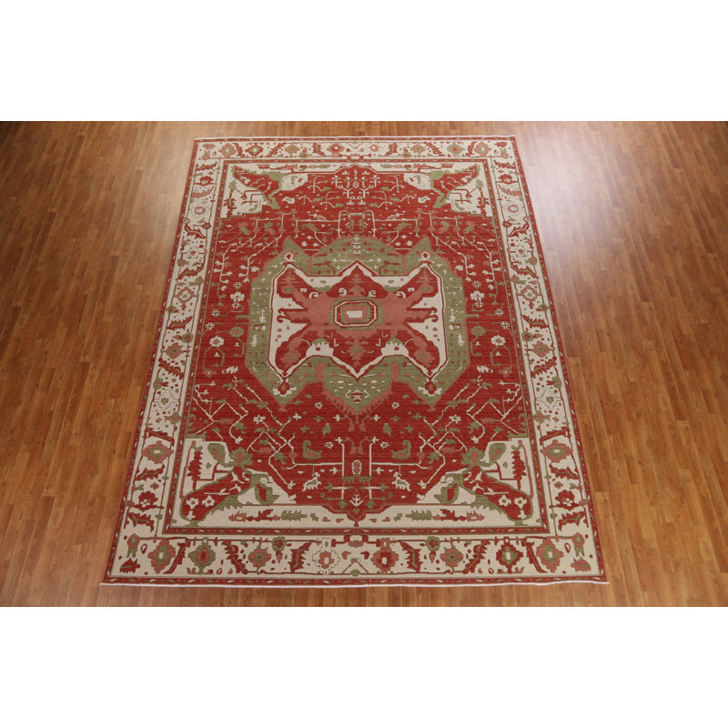 Tapis rouge / vert / ivoire noué à la main de conception unique 9 pi 9 po x 13 pi Heriz Serapi